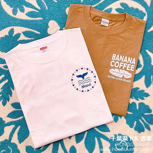 マウイホエールTシャツとバナナコーヒー・サーフボードTシャツの写真